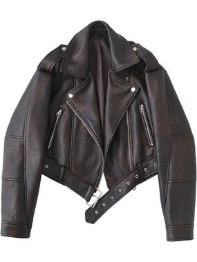 Women's Dark Brown Faux Leather Cropped Biker Jacket Vintage Short Belted Coat